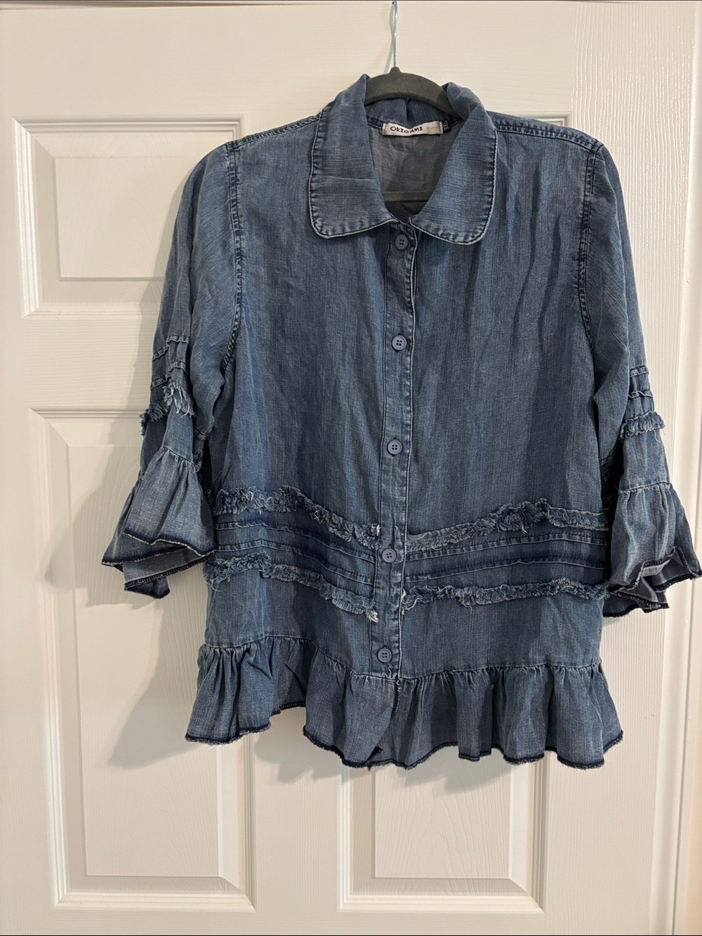 Denim Blue Ruffled Button-Front Women’s Top - Picture 2 of 6